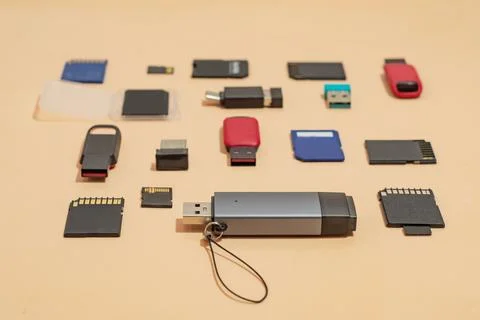Collection of USB flash drives, SD and microSD memory cards. Digital storage Stock Photos