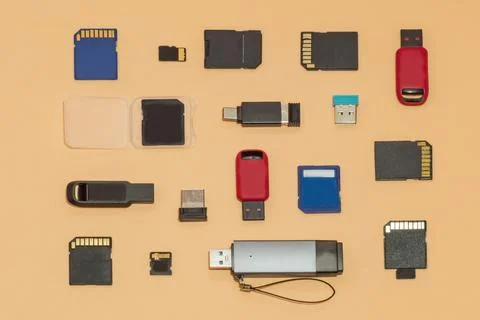 Collection of USB flash drives, SD and microSD memory cards. Digital storage Stock Photos