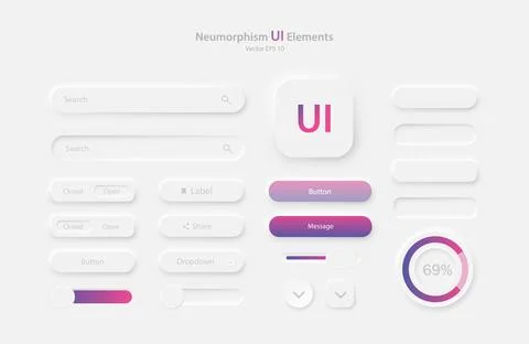 A collection of user interface elements for a mobile application in white and Stock Illustration