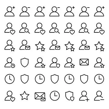 Collection of user interface icons depicting profile actions like adding, r.. Stock Illustration