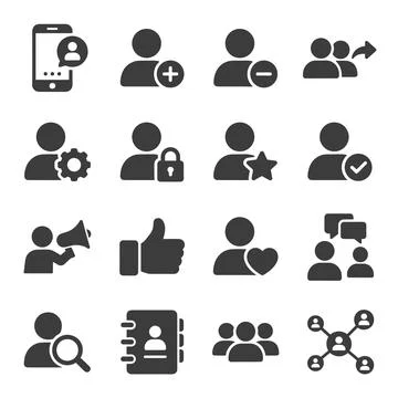 Collection of user interface icons representing social media, profile manag.. Stock Illustration