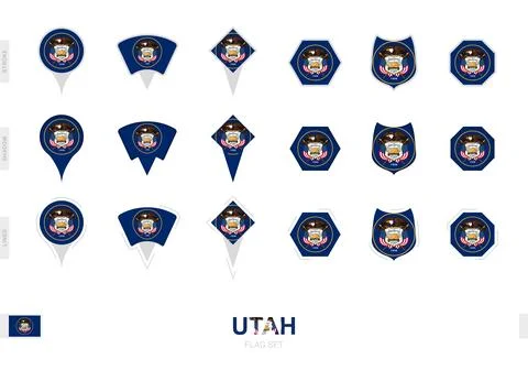 Collection of the Utah flag in different shapes and with three different ef.. Stock Illustration