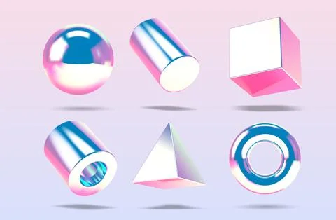 Collection of vaporwave 3D vector shapes with realistic chrome shine and 스톡 일러스트