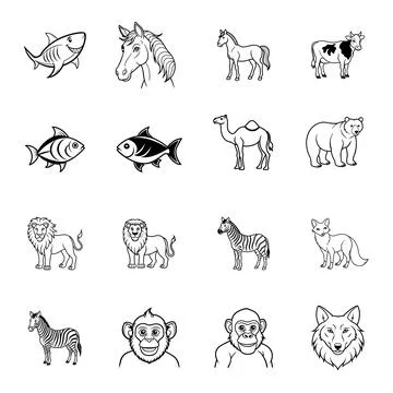 Collection of various animal vector line art illustrations in black and white Stock Illustration