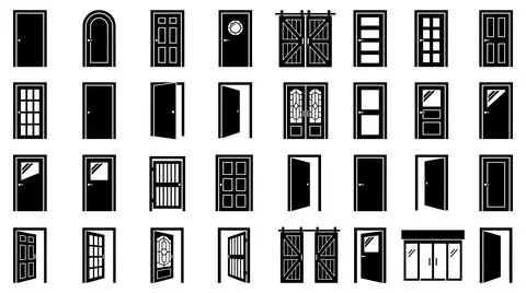 Collection of various architectural door silhouette icons for interior design Stock Illustration