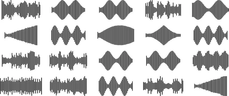 Collection of various audio waveforms and sound frequencies presented in a .. Ilustración de archivo