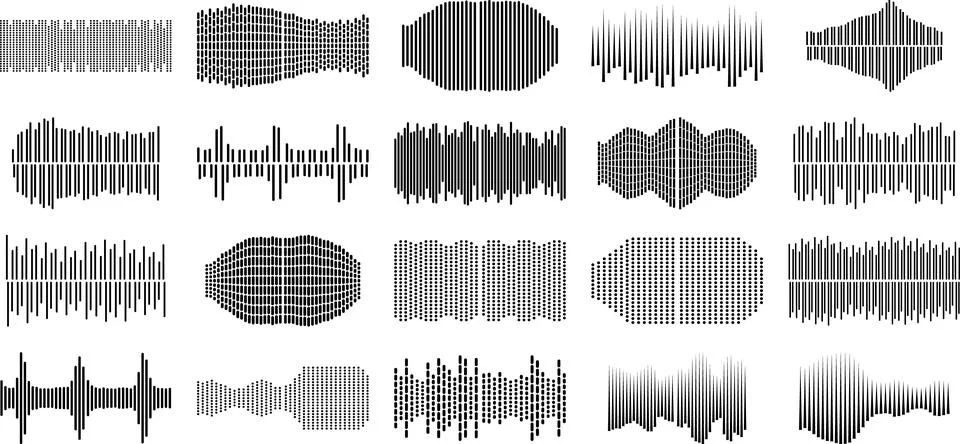Collection of various audio waveforms in different shapes and patterns idea.. Ilustración de archivo