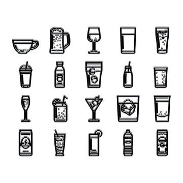 Collection of various beverages, drinks, and glassware icons Stock Illustration