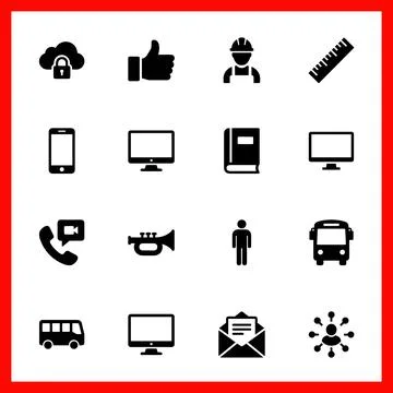 Collection of various black and white icons on a white background with a re.. Illustrazione stock