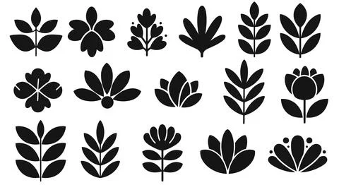 A collection of various black leaf and flower silhouettes Illustrazione stock