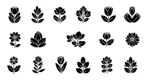 A collection of various black leaf and flower silhouettes Illustrazione stock