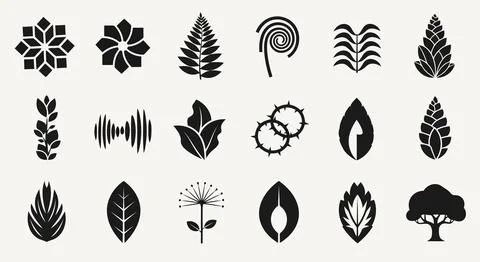 A collection of various black leaf and flower silhouettes Illustrazione stock