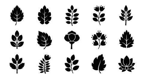 A collection of various black leaf silhouettes on a white background Stock Illustration