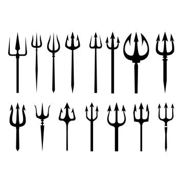 A collection of various black trident silhouettes and icons featuring diffe.. Stock-Illustration