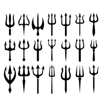A collection of various black trident silhouettes and icons featuring diffe.. Stock Illustration