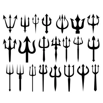 A collection of various black trident silhouettes and icons featuring diffe.. Stock Illustration