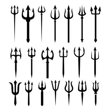 A collection of various black trident silhouettes and icons featuring diffe.. Stock Illustration
