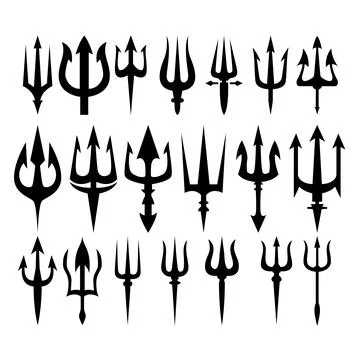 A collection of various black trident silhouettes and icons featuring diffe.. Stock Illustration