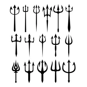 A collection of various black trident silhouettes and icons featuring diffe.. Stock Illustration