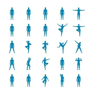 Collection of various blue human silhouettes in different yoga poses vector Stock Illustration