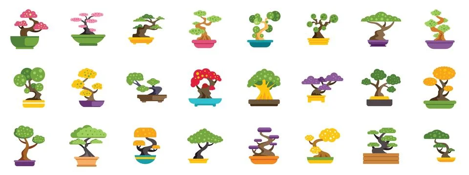 Collection of various bonsai tree growing in colorful pots Stock Illustration
