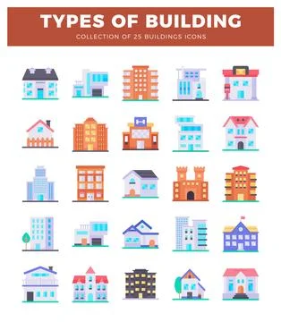 Collection of various building icons in flat design style. arranged on whit.. Ilustración de archivo