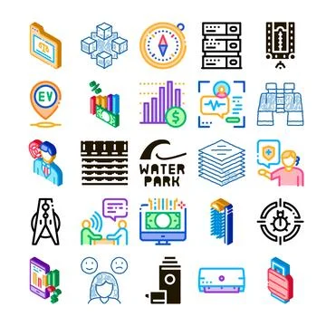 Collection of various business technology and outdoor recreation icons Stock-Illustration