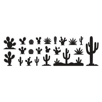 Collection of various cactus and succulent plant silhouettes in black isola.. Stock Illustration