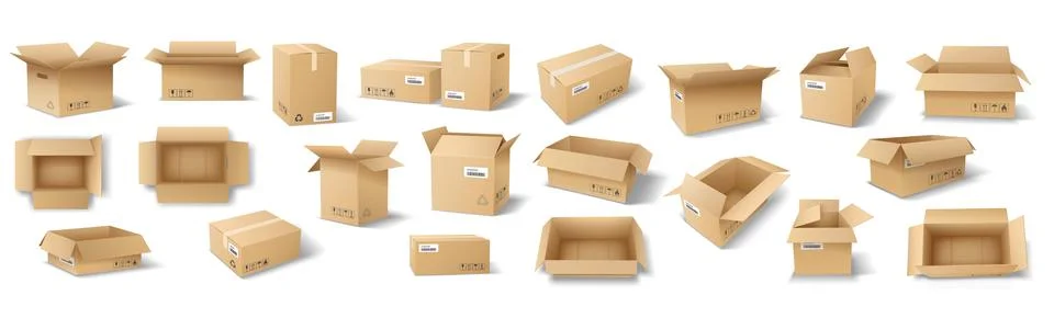Collection of Various Cardboard Boxes Open and Closed Stock Illustration