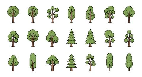 Collection of various cartoon trees, flat design, isolated on white backgroun Stock-Illustration