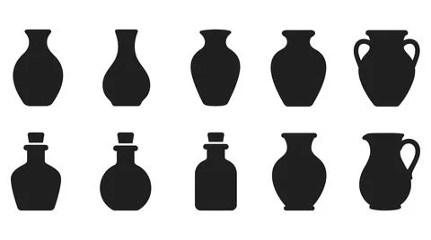 Collection of various ceramic pottery and glass bottle silhouette icons Stock Illustration