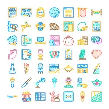 Collection of various colorful everyday objects icons Stock Illustration