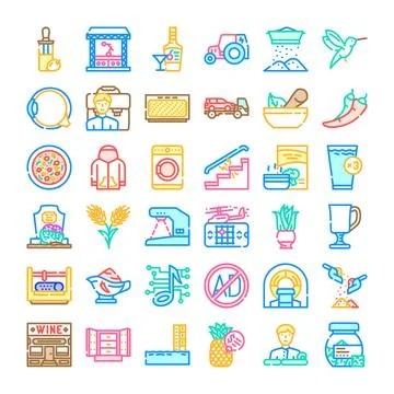 Collection of various colorful flat line icons illustrating activities object Stock Illustration