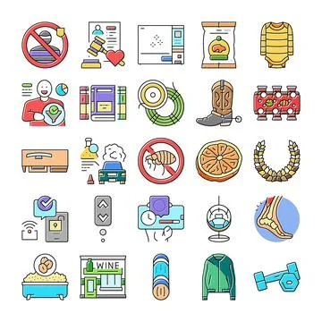 Collection of various colorful linear flat icons representing services and .. Illustrazione stock