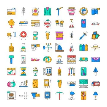 Collection of various colorful objects line icons Ilustración de archivo