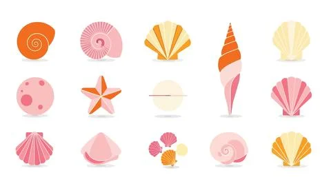 Collection of various colorful sea shells and marine life icons set. Stock Illustration