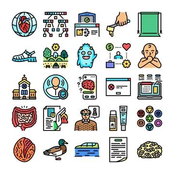 Collection of various colorful vector icons illustrating diverse concepts Stock Illustration