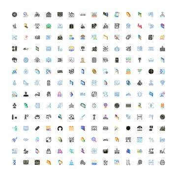 Collection of various colorful vector line icons on white Stock Illustration
