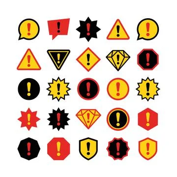 Collection of various colorful warning and alert icons featuring exclamatio.. Stock Illustration