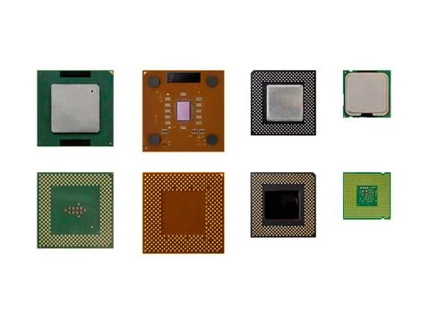 Collection of various computer processor chips isolated on white background.. 스톡 사진