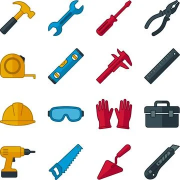 Collection of various construction and DIY tools on a white background. Stock-Illustration