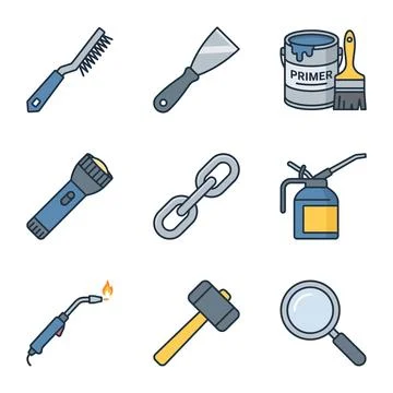 Collection of Various Construction and Maintenance Hardware Tool Icons in F.. Иллюстрация