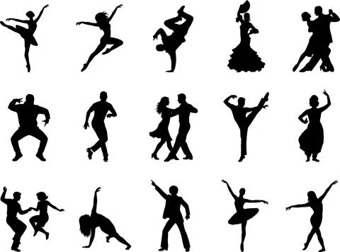 Collection of Various Dancing People Silhouettes in Dynamic Poses Isolated .. Illustrazione stock