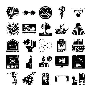 Collection of various digital and physical concept glyph icons Ilustración de archivo