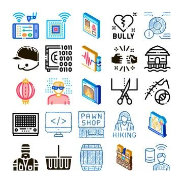 Collection of various digital technology and lifestyle icons Illustrazione stock