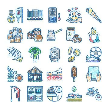 Collection of various doodle colored icon illustrations Stock Illustration
