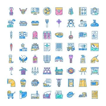 Collection of various doodle sketch style icons representing modern concepts Stock Illustration