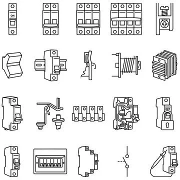 Collection of Various Electrical Circuit Breaker Icons in Line Art Style Stock Illustration