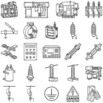 Collection of Various Electrical Engineering Technical Symbols and Equipmen.. Illustration