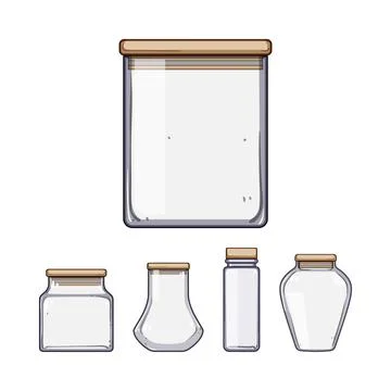Collection of various empty glass storage jars with wooden lids Illustrazione stock